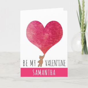Be My Valentine Heart Teddy Bear Name Pink  Holiday Card
