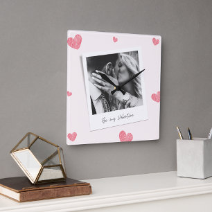 Be My Valentine personalised Photo Red heart Square Wall Clock