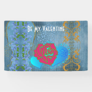 Be My Valentine Romantic Rose Sweeping Heart Blue Banner
