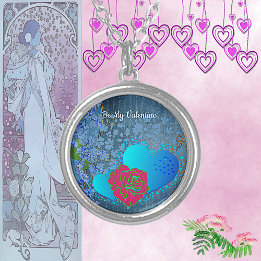 Be My Valentine Romantic Rose Sweeping Heart Blue Silver Plated Necklace