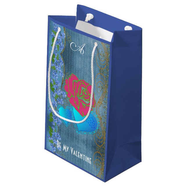 Be My Valentine Romantic Rose Sweeping Heart Blue Small Gift Bag (Back Angled)