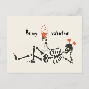 Be My Valentine Skeleton Drinking Wine Red Heart Postcard
