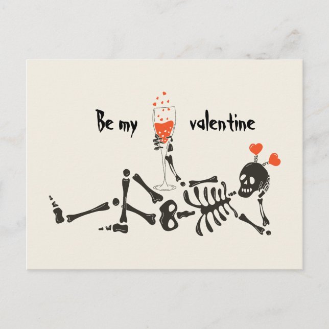 Be My Valentine Skeleton Drinking Wine Red Heart Postcard (Front)