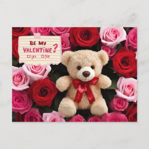 Be My Valentine Teddy Bear with Roses Holiday Postcard