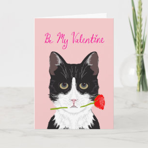Be My Valentine - Tuxedo cat with rose card