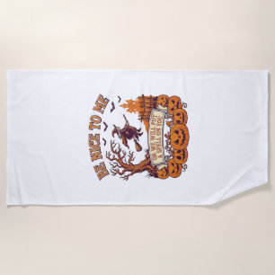 Be Nice Me Halloween Witch Broom Pumpkins_1 Beach Towel