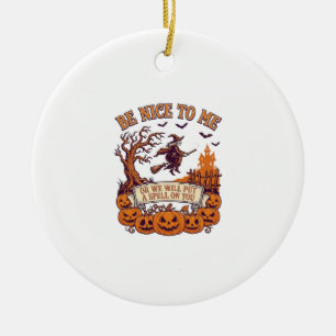 Be Nice Me Halloween Witch Broom Pumpkins_1 Ceramic Ornament