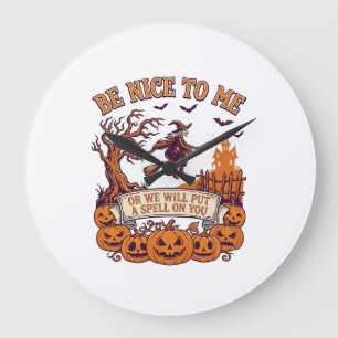 Be Nice Me Halloween Witch Broom Pumpkins_1 Large Clock