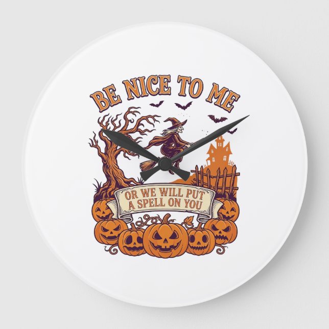 Be Nice Me Halloween Witch Broom Pumpkins_1 Large Clock (Front)