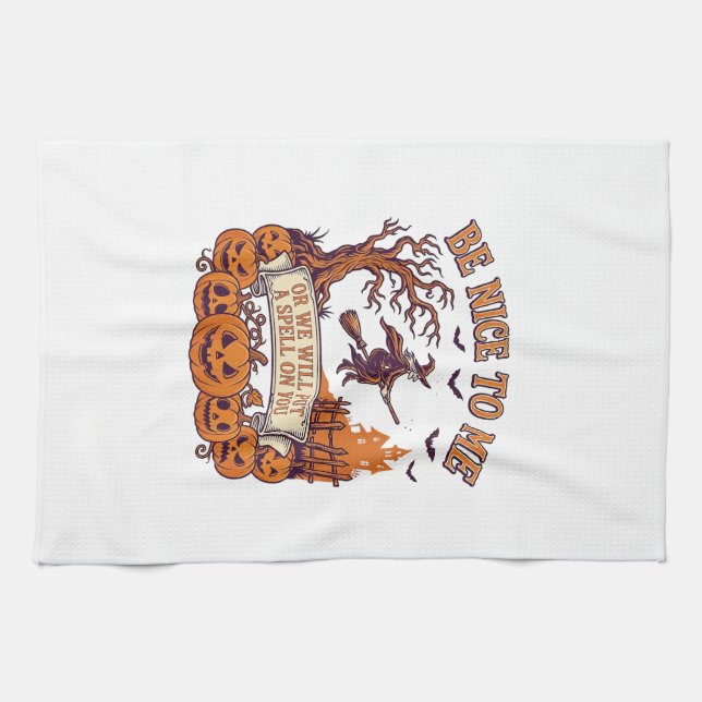 Be Nice Me Halloween Witch Broom Pumpkins_1 Tea Towel (Horizontal)