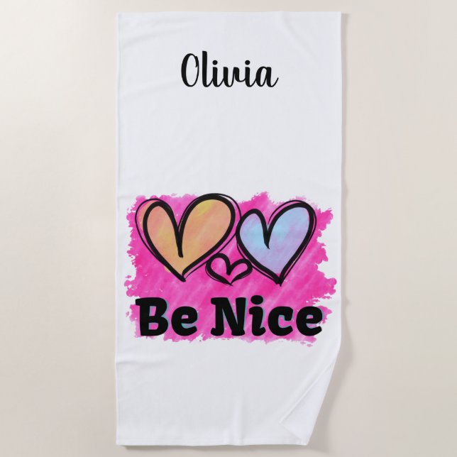 Be Nice Watercolor Hearts Beach Towel (Front)