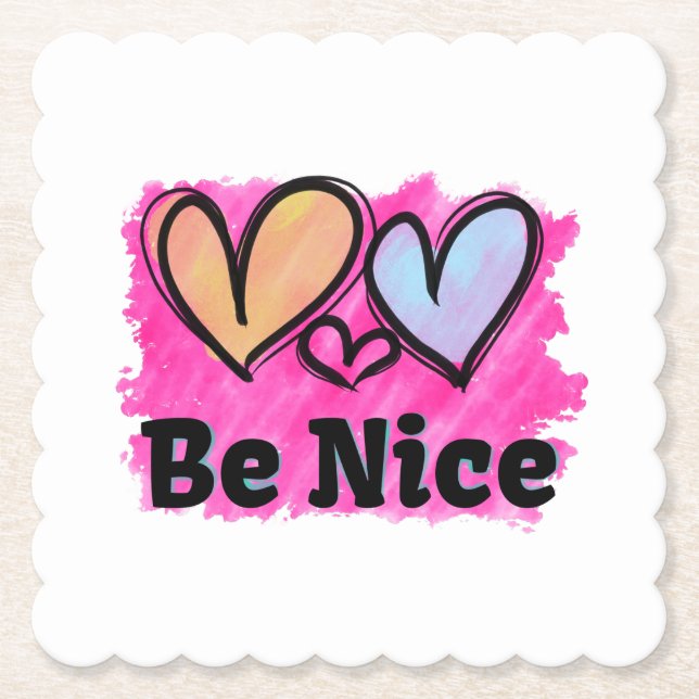Be Nice Watercolor Hearts Paper Coaster (Front)