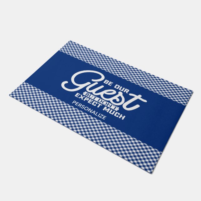 Be Our Guest Blue Gingham Doormat (Angled)
