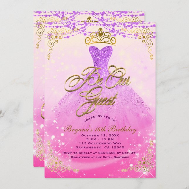Be Our Guest Princess Purple & Gold Sweet 16 Party Invitation (Front/Back)