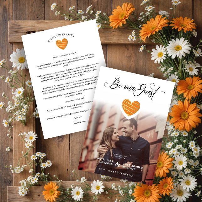 Be our Guest Quote Orange Heart Photo Wedding Save The Date (Be our Guest Quote Orange Heart Photo Wedding Save the Date with Envelope.)