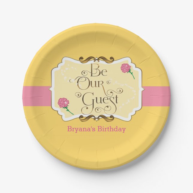 Be Our Guest Yellow & Pink Rose Princess Party Paper Plate (Front)