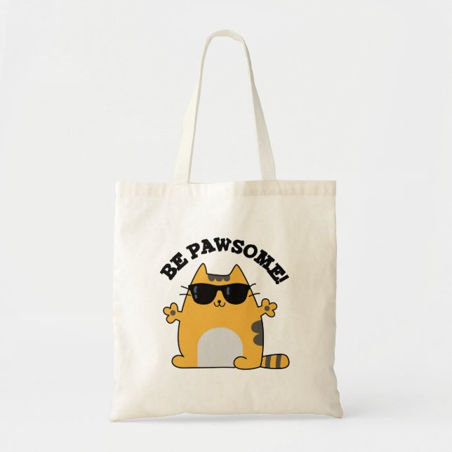 Be Paw-some Cute Awesome Cat Pun Tote Bag (Front)