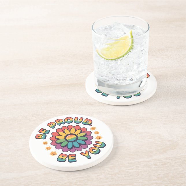 Be Proud Be You – Retro Rainbow Flower Pride Quote Coaster (Side)