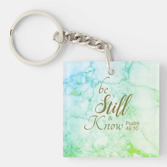 "Be Still and Know" Bible Verse Aqua Blue Marble Key Ring (Front)