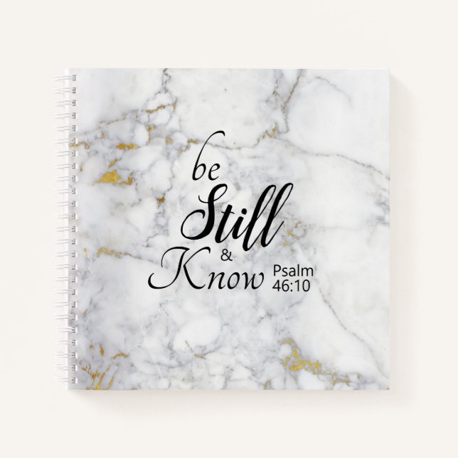 Be Still and Know Bible Verse White Gold Marble Notebook (Front)