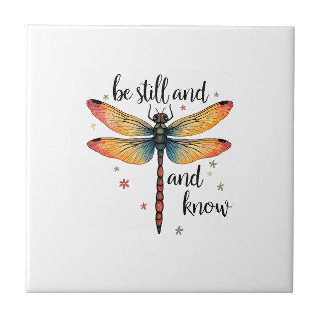 Be still and know Floral Dragonfly Christian Summe Ceramic Tile (Front)