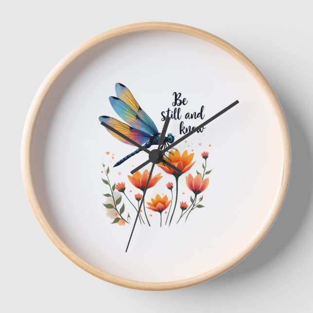 Be still and know Floral Dragonfly Christian Summe Clock (Front)