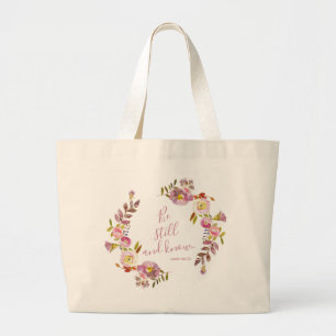 Be Still And Know Pink Purple Floral Watercolor Large Tote Bag