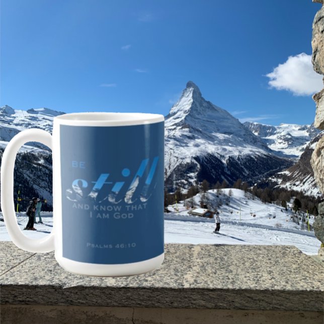 Be still Bible Verse Swiss mountains blue monogram Coffee Mug (Inspirational Swiss mountain Bible verse mug.  "Be still, and know that I am God" Monogram on back.)