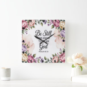 Be Still God Floral Square Wall Clock