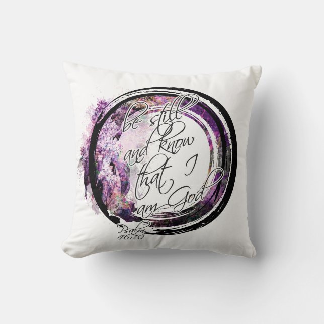 Be Still Scripture Lavender Floral Wreath Cushion (Front)