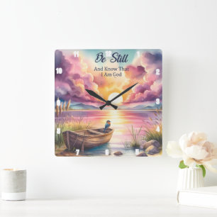 Be Still Sunset Lake Boat Square Wall Clock