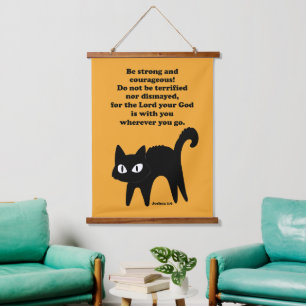 Be Strong and Courageous Black Cat Hanging Tapestry