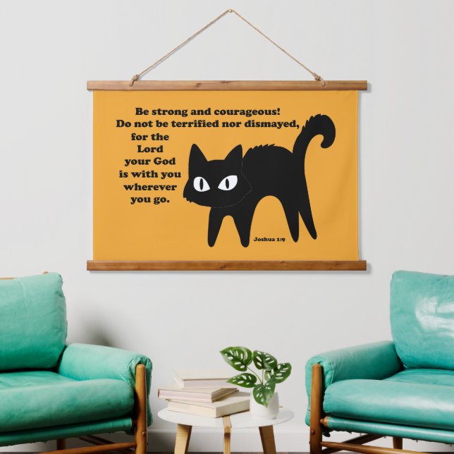 Be Strong and Courageous Black Cat Hanging Tapestry (Living Room)