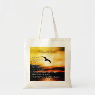 Be Strong and Take Heart, Psalm 27 Bible Verse Tote Bag