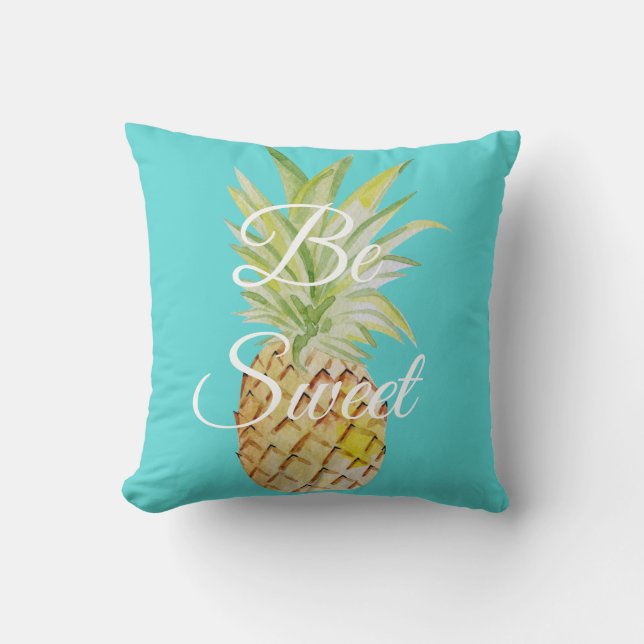 Be Sweet Pineapple Turquoise Blue Watercolor Cushion (Front)