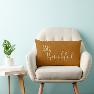 "Be thankful" Custom Typography on Rich Gold Lumbar Cushion