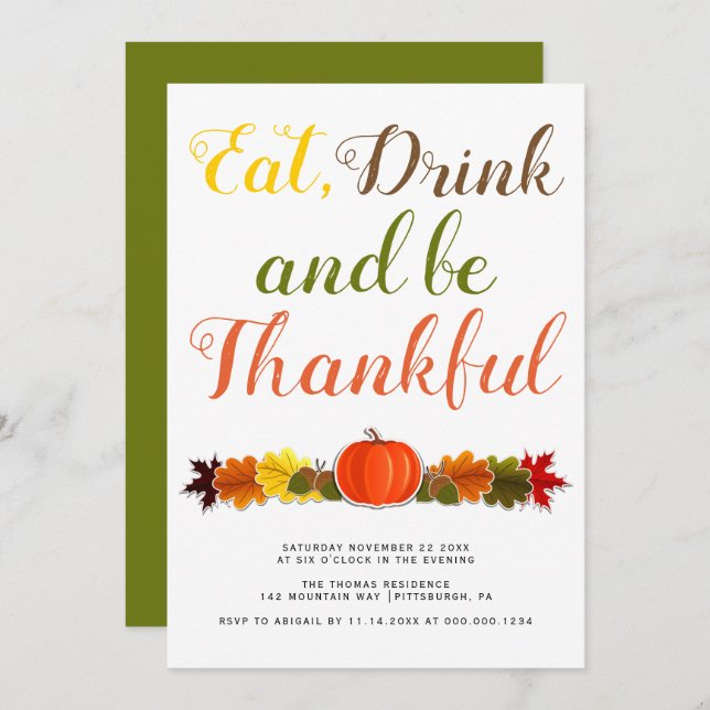 Be Thankful pumpkin leaves typography Thanksgiving Invitation (Front/Back)