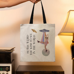 Be The Weird   Dancing Space Cat Monogram Tote Bag