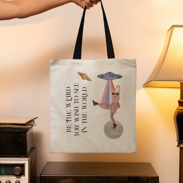 Be The Weird | Dancing Space Cat Monogram Tote Bag (Creator Uploaded)