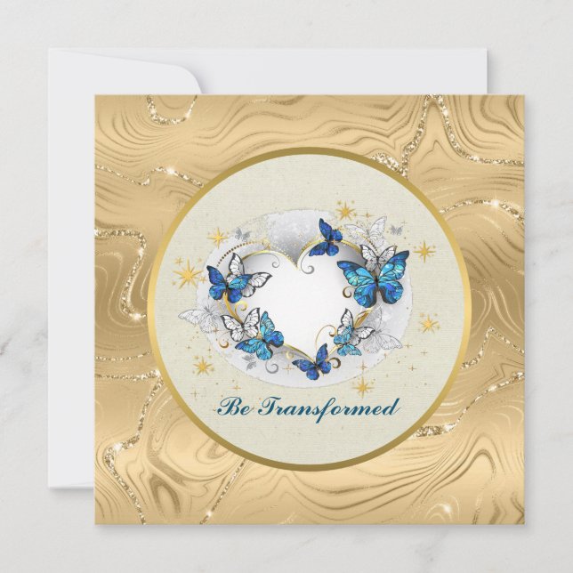 Be Transformed Quote Heart and Blue Butterflies Invitation (Front)