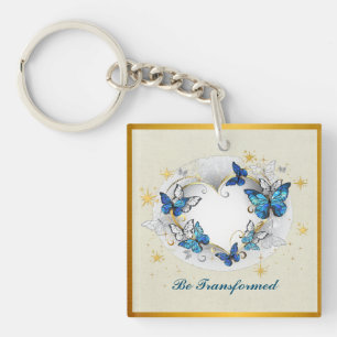 Be Transformed Quote Heart and Blue Butterflies Key Ring