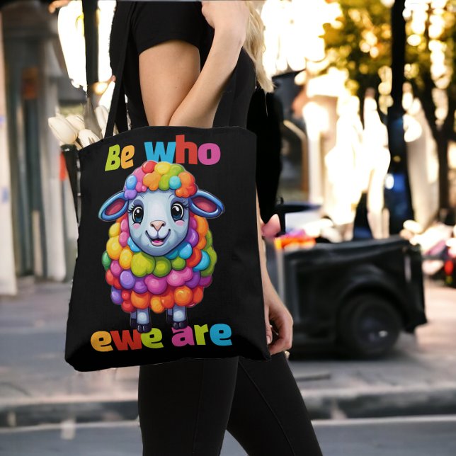 Be who ewe are Rainbow Sheep Tote Bag (Be who ewe are Rainbow Sheep Tote Bags from Ricaso. LGBT gay pride cute be who you are colorful lamb)