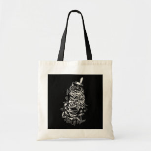 Be wise black owl with top hat illustration. tote bag