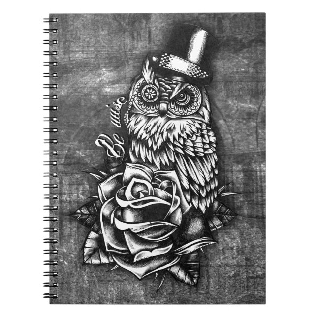 Be Wise tattoo style owl on digital wood base. Notebook (Front)