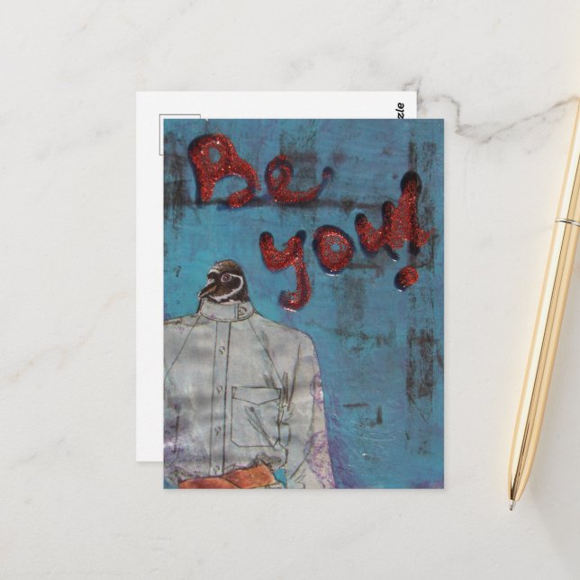 Be You! Birdie Mixed Media Postcard (Front/Back In Situ)