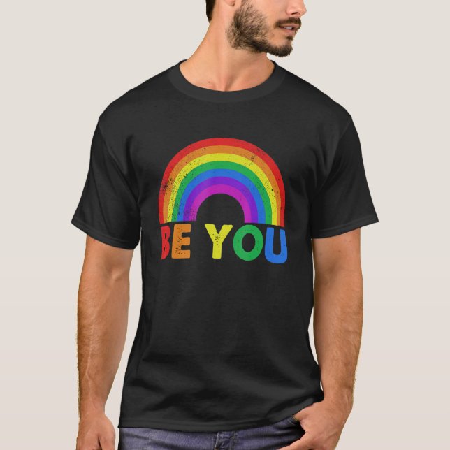 Be You Pride LGBTQ Gay LGBT Ally Rainbow Flag Retr T-Shirt (Front)