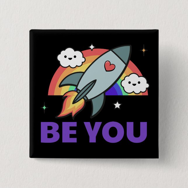 Be you. Rainbow rocket cloud with heart  Button (Front)