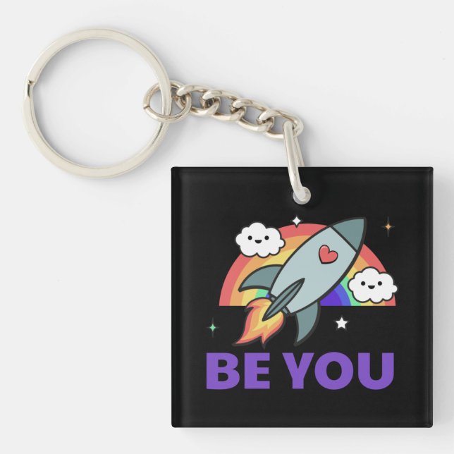 Be you. Rainbow rocket cloud with heart   Key Ring (Front)