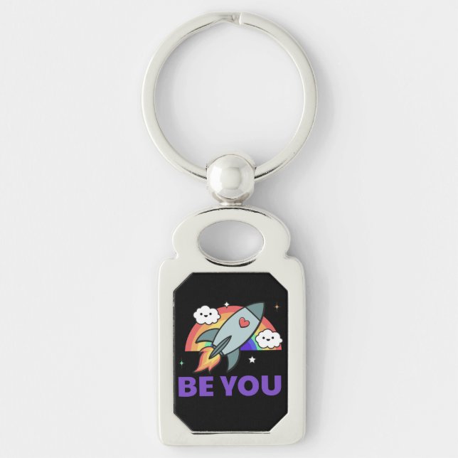 Be you. Rainbow rocket cloud with heart   Keychain (Front)