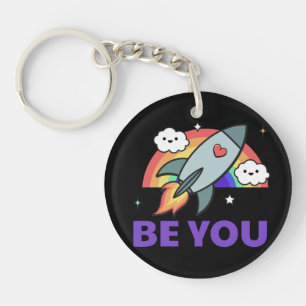 Be you. Rainbow rocket cloud with heart   Keychain